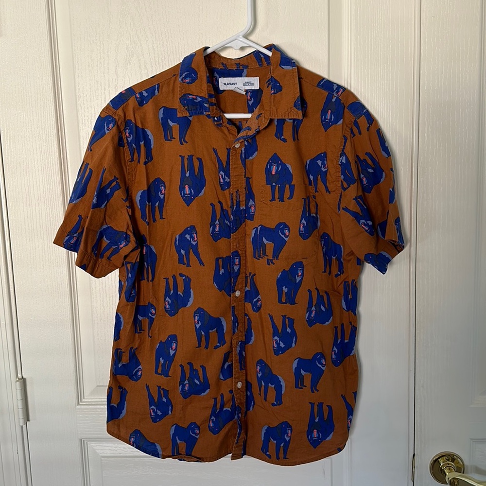 Old Navy -Large slim fit- Copper/brown button front with blue Mandrill print